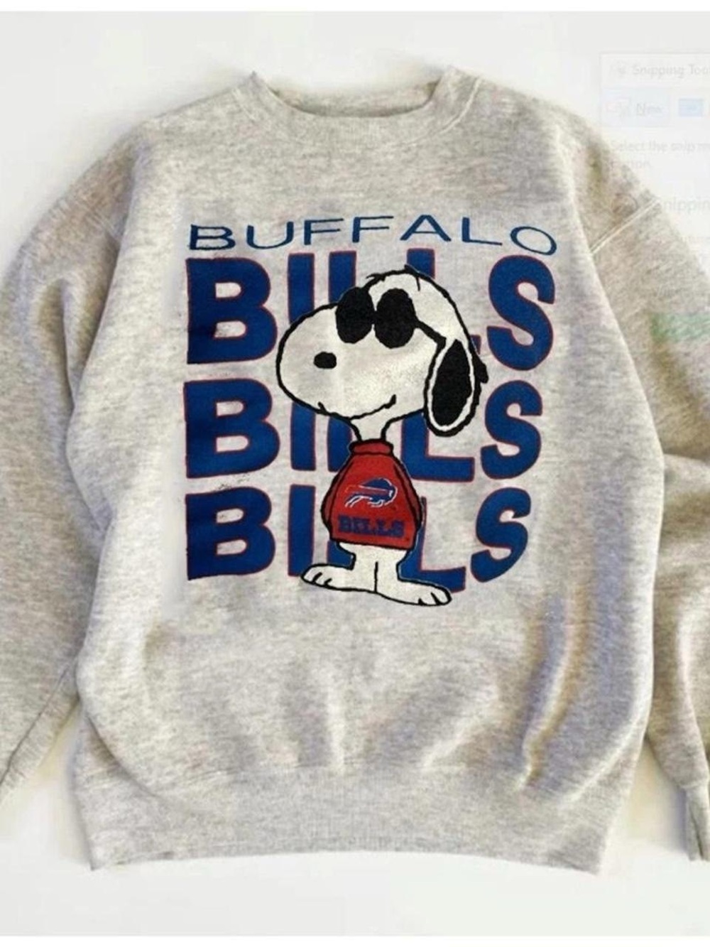 Gildan Gray Crewneck with Snoopy and Blue/Red Buffalo Bills Graphics